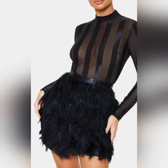 PrettyLittleThing Black Feather Bottom Dress - Picture 1 of 14